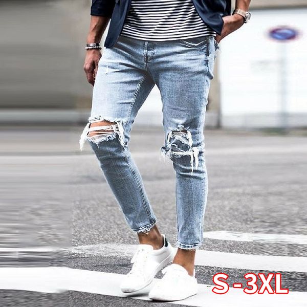 

men's jeans skinny men streetwear destroyed ripped homme hip hop broken hole male pencil biker embroidery patch pants, Blue