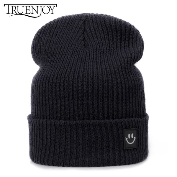 

truenjoy lovely leather smile hip-hop women's knitted warm hat men kntting skullies beanies hat winter outdoor accessories, Blue;gray