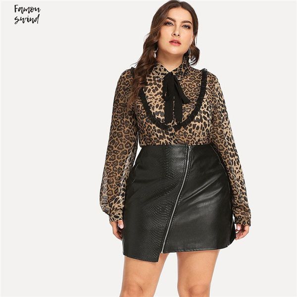 

plus size tie blouse leopard print turn down collar thin women high street crew neck office lady long sleeve top, White