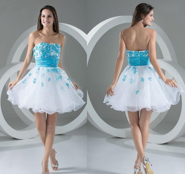 Coquetel azul branco e branco moderno com apliques decote em coração, coração acima dos vestidos de festa na altura do joelho, mais vestidos de baile de tamanho Hy376