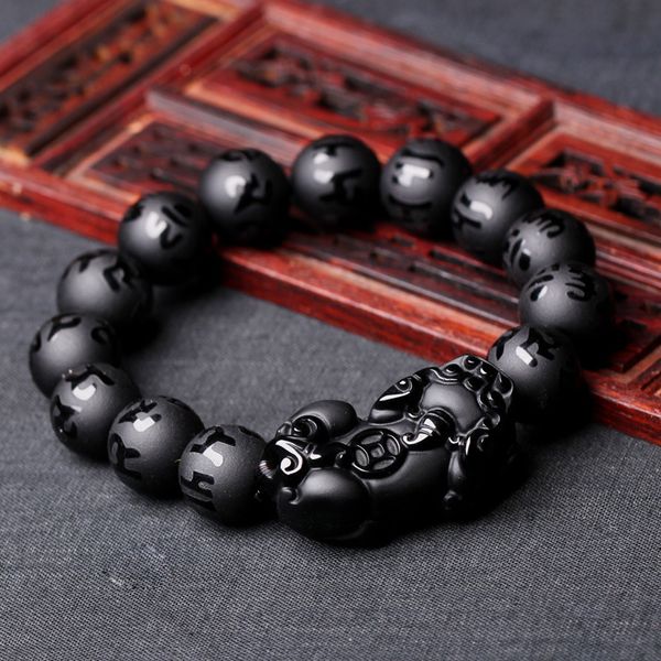 

natural black obsidian matte pixiu beaded bracelet brave troops six-word mantra bead bangle diy bracelets for men women jewelry