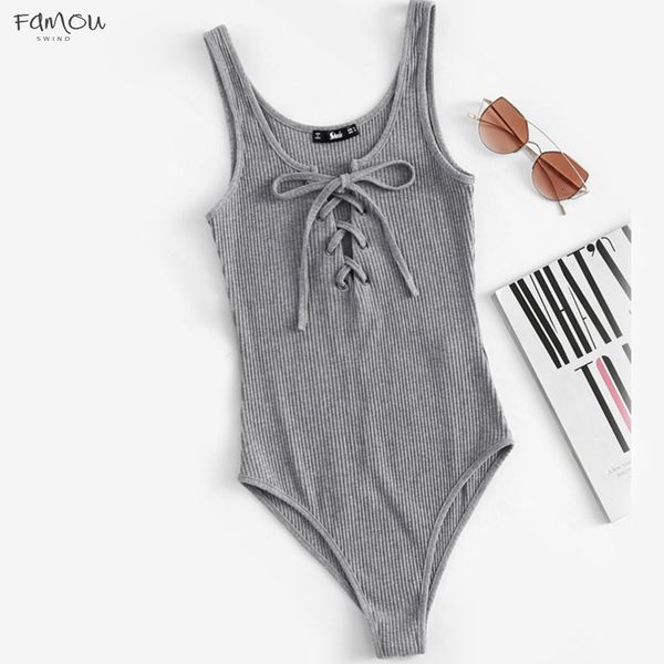 

Lace Up Front Rib Knit Heathered Bodysuit Grey Scoop Neck Sleeveless Summer Sexy Skinny Polyester Body Women Suits For