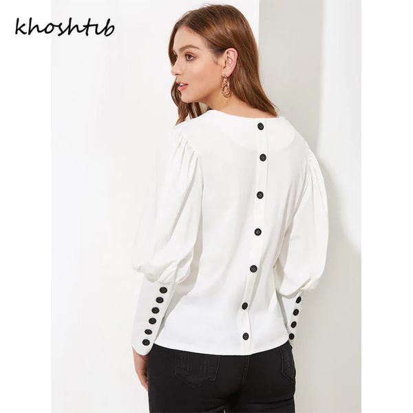 

khoshtib women's shirt new fashion autumn lanterns sleeves women's solid color loose single-breasted v-neck long-sleeved shirt, White