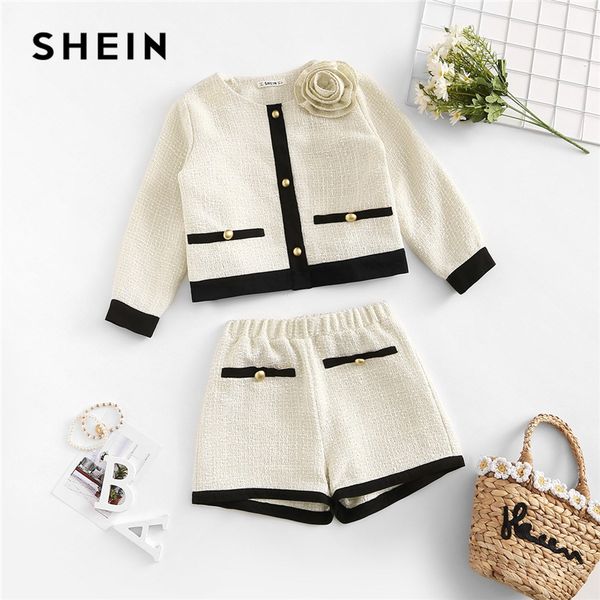 

shein apricot appliques button and shorts elegant girls clothing two piece set 2019 spring fashion vintage children clothes, White