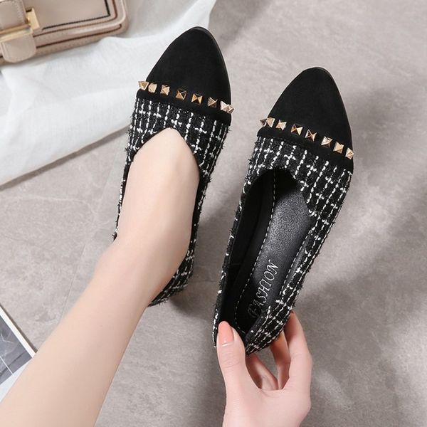 

2020 spring ballet flats sweet plaid loafers slip on fabric shoes comfort women flat shoes pointed toe moccasins j15-69, Black