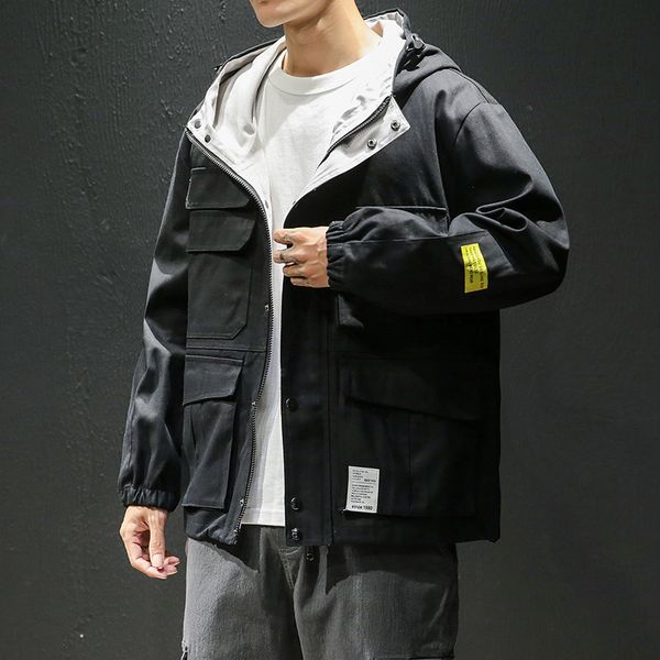 

solid patchwork casual streetwear hooded windbreaker oversize m-5xlnew zipper coat men fashion loose coat soft men pocket jacket, Black;brown
