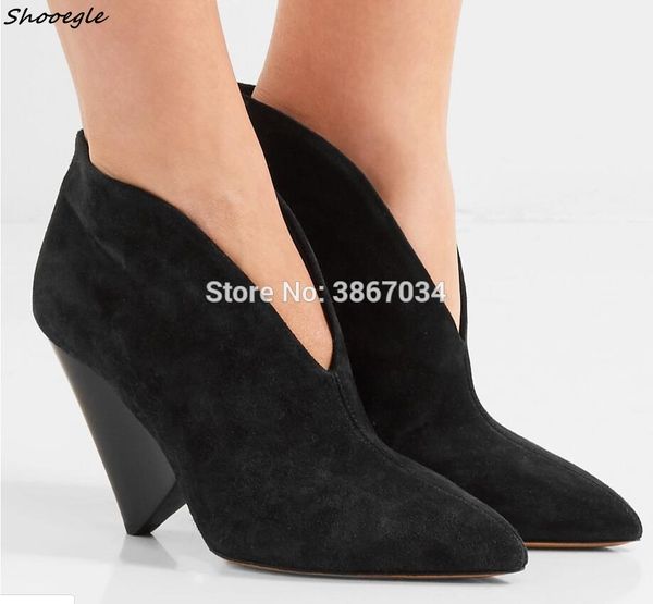 

shooegle fashion women ankle boots deep v cut conical heels slip on boots pointed toe spike heels western style femmes botas, Black