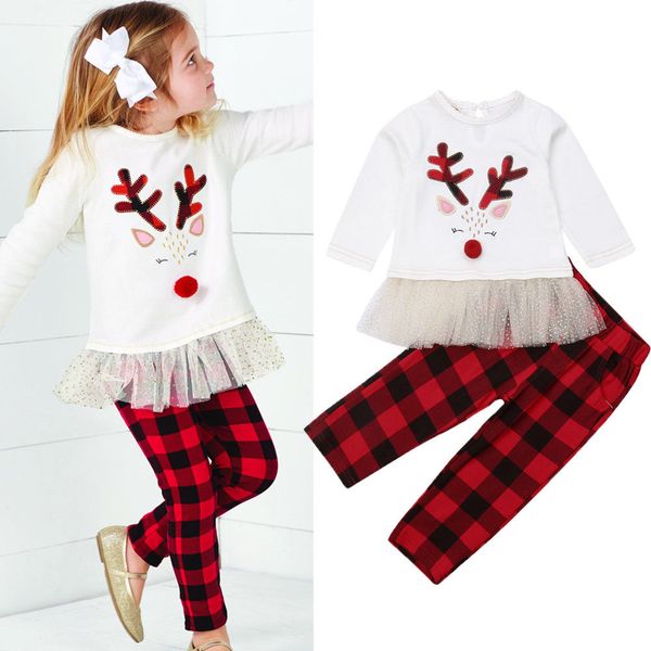 

2018 newly autumn toddler baby girls christmas party clothes sets deer print long sleeve pullover lace +plaid pants, White