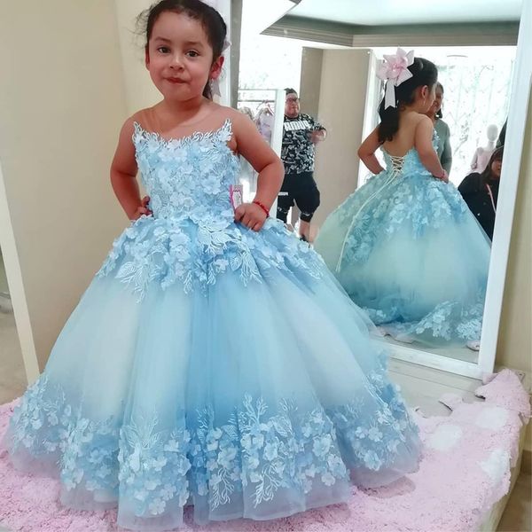 

3d floral appliques flower girl dresses sheer neck backless infant pageant dress lace up back kids communion gowns, Red;yellow