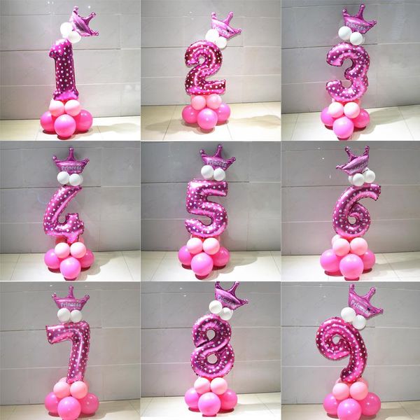 Taç Yıldönümü Bebek Çocuk doğum günü partisi Dekorasyon ile 1 set Mavi Pembe Folyo Numarası Balon Kalınlaşmak Lateks Hava Balon
