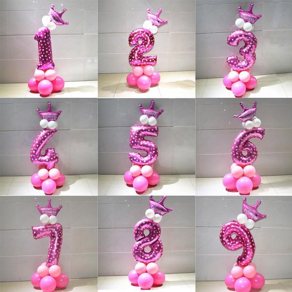 

1 set blue pink foil number balloon thicken latex air ballons with crown anniversary baby shower kids birthday party decoration