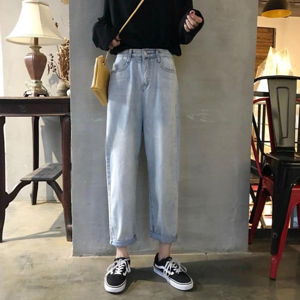 

light blue denim джинсы женщины повседневная винтажная широкий ноги брюки высокой талией корейский свободный boyfriend брюки карман denim бр