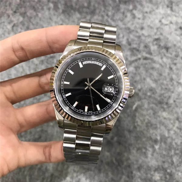 

President Mens Watch Sweep Automatic Movement Mechanical DayDate Silver Stainess Sapphire Black Dial Wave Clasp Men Watches 2pcs