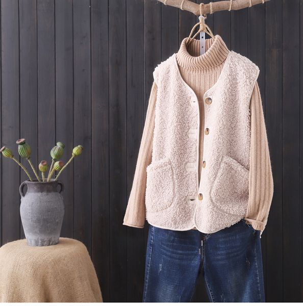 

faux lambswool single-breasted v-neck vest coat autumn winter 60115 -lh, Black;white