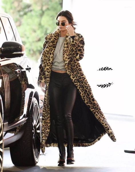 

модные женские пальто женские зимние пальто меховое пальто леопардовый принт роскошные свободные длинные рукава лацкан шеи толстый x-long, Black