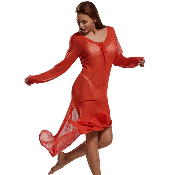 

see through long sleeve drawstring beach dress swimsuit cover ups swimwear women beach tunic, Blue;gray