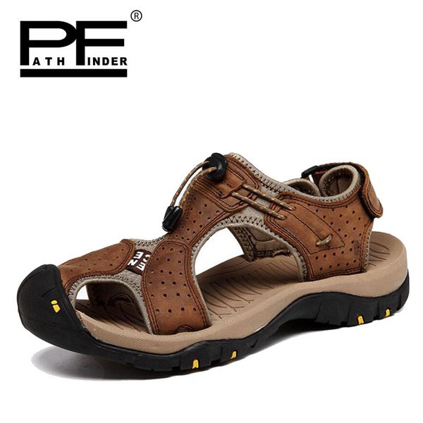 

pathfinder new men genuine leather sandals shoes summer mens breathable slippers outdoor walking fashion casual beach shoes, Black