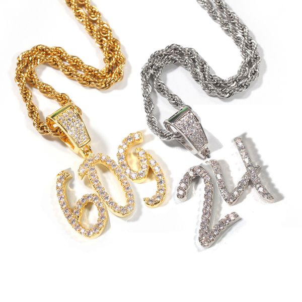 Nuova moda personalizzata in oro 18 carati Bling Diamond Cursive 0-9 Numeri digitali Collana con ciondolo Numero sportivo personalizzato Gioielli fai da te per coppie