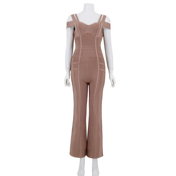 

khaki color ladies hl bandage jumpsuits full length bodycon jumpsuits rayon celebrity fashion wear, Black;white
