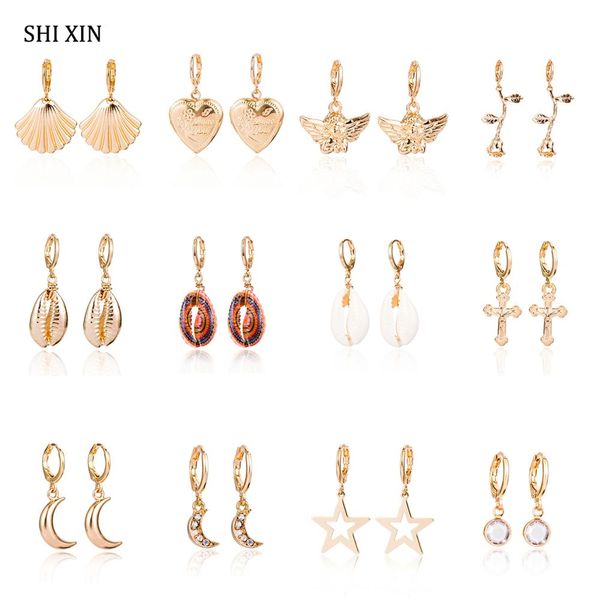 

shixin small bohemian earrings gold/silver fashion heart/rose/moon/star/cross/shell earrings for women drop earring boho jewelry