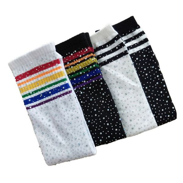 

1 pair fashion children knee high socks colorful striped rhinestone girls stockings, Blue