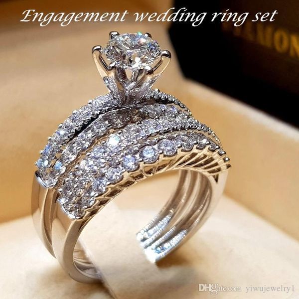 

beautiful fashion 925 silver jewelry classic round diamond six-prong wedding ring set charm bride full diamond engagement ring size 5-12, Golden;silver