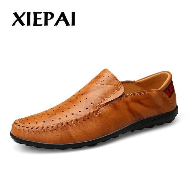 

xiepai fashion genuine leather men's shoes casual big size 36-47 holes loafer design driving men flat footwear handmade shoes, Black