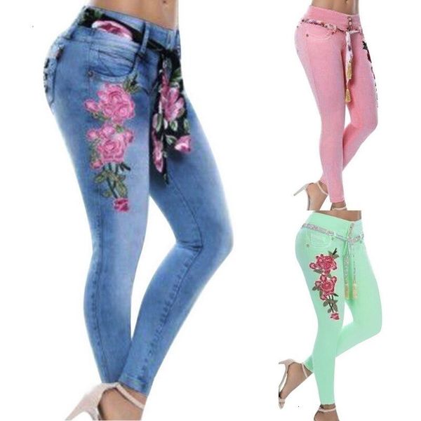 

casual high waist jeans pants bohemian jeans woman skinny plus size 5xl floral embroidery jean pencil denim pants, Blue