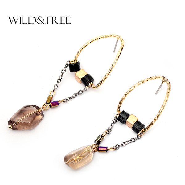 

wild & women natural stone drop earrings vintage gold zinc alloy black wood bead long dangle earrings for women jewelry, Golden