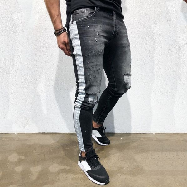 

new fashion autumn men casual jeans pencil pants men's skinny street hip hop holes lightweight cotton jeans, Blue