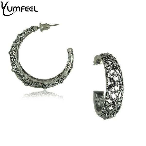 

yumfeel brand vintage hoop earring metal with antique silver plated hollow flower design hoop vintage earrings for woman brincos, Golden