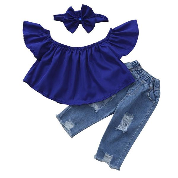 

с плеча 3шт детская летняя одежда детские твердые растениеводство топы + отверстие джинсовые брюки жан повязка малыша детская одежда ропа ни, White