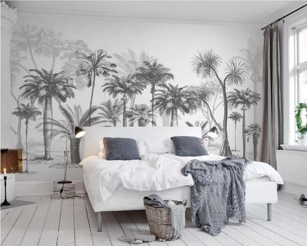 

custom wallpaper mural black and white sketch tropical rainforest coconut tree nordic tv sofa background 3d wallpaper
