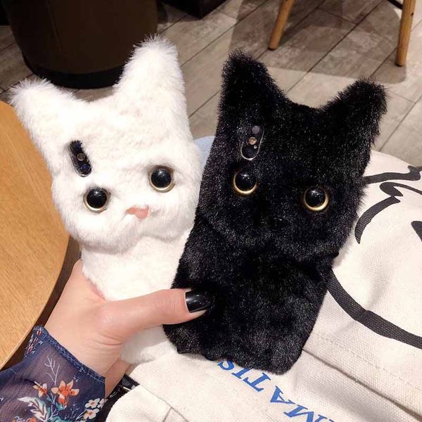 

totviss case cute white 3d cat plush fur phone case for iphone 11 iphone 11 pro winter warm stuffed fur soft tpu phone case for iphone xr