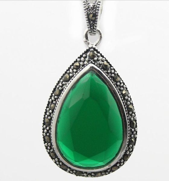 

fashion 40*20faceted green natural jade 925 sterling silver marcasite waterdrop pendant