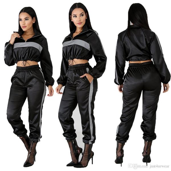 

women fashion autumn winter reflective sport tracksuits 2 piece sets crop pants sweat suit sets, Gray