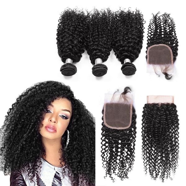 Brazilian Kinky Curly Weave Human Hair Bundles With 4x4 Lace