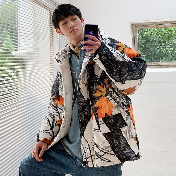 

2019 winter new korean camouflage leaf print jacket coat fashion casual loose thickening hooded cotton suit black m-3xl