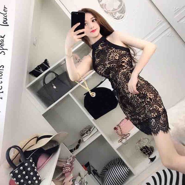 

2019 new style nightclub lace slim fit sheath halter dress 6702h425, Black;gray