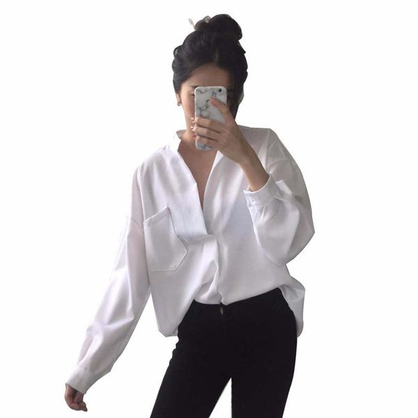 

fashion-long sleeve woman blouse white shirt ladies pocket shirt women casual plus size elegant female white blouse