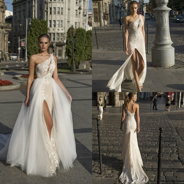 

2019 riki dalal mermaid wedding dresses with detachable skirts one shoulder lace bridal gowns sweep train appliqued beach wedding dress, White