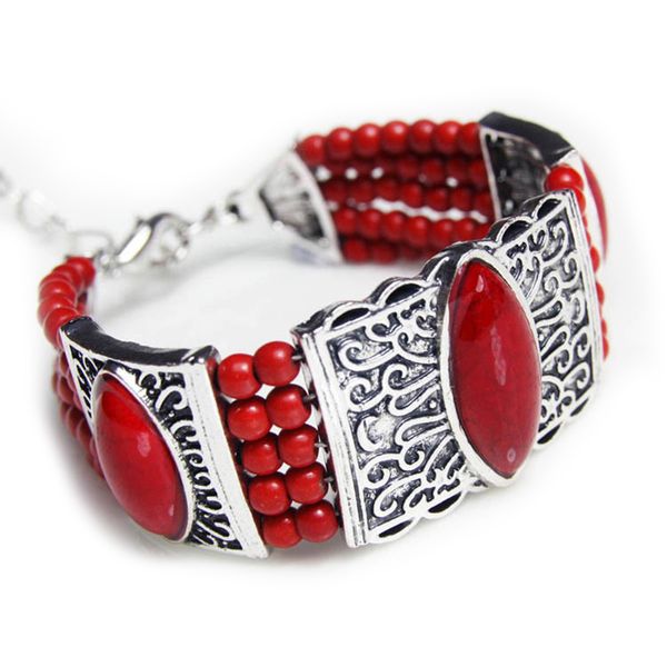 

мода урожай bohemian этнические серебряный браслет красный камень бисера браслет charm женский, Golden;silver