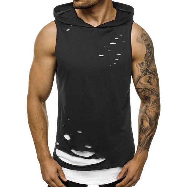 

men fitness hoodies tank sleeveless tee shirt male workout hooded vest hole splicing undershirt bodybuilding sportswear, White;black