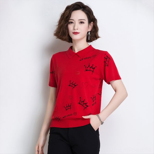 

short-sleeved t- women's summer dress 2020 middle-aged mother led tanned ice silk knitted t- doll shirt shirt doll collar top, White