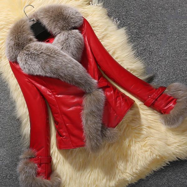 

winter new slim pu leather short faux fur coat v collar thick leather jacket, Black