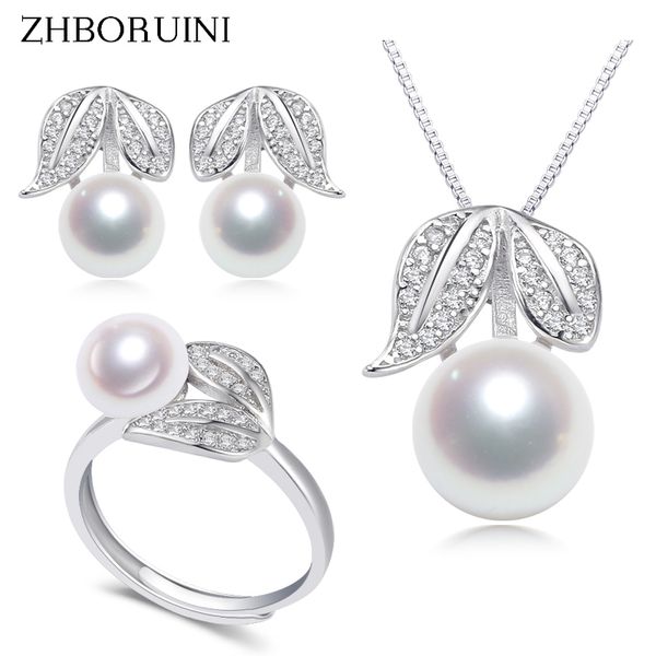 

zhboruini 2020 fine pearl jewelry set 100% real natural freshwater pearls rings necklace earrings 925 sterling silve for women t200613, Slivery;golden