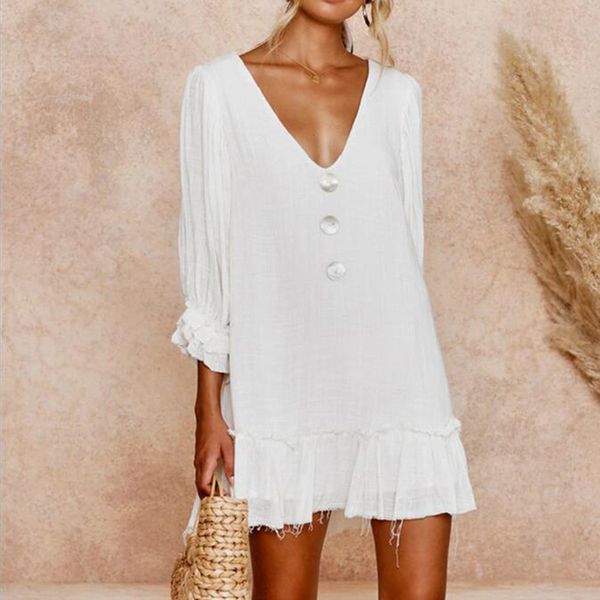 

women's summer dress fashion deep v-neck solid color dress hem pleated mini dresses beach party dresses women vestidos new, Black;gray