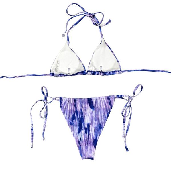 

women tie-dye bikini suits halter neck tied + low waist lace up thong split bandage swimsuit bikini women beachwear, White;black