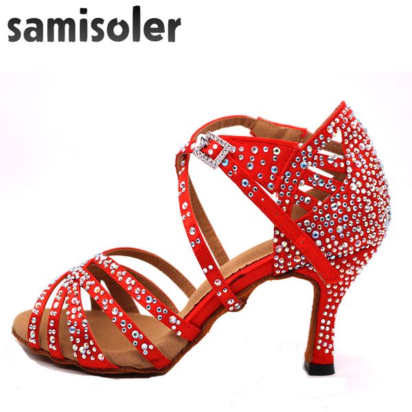 

samisoler latin dance shoes woman latin dance shoes shining red bule satin women salsa party ballroom
