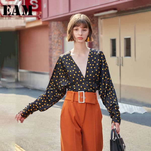 

eam] women dot print contract color split joint blouse new v-neck long sleeve loose fit shirt fashion spring autumn 2020 1b162, White